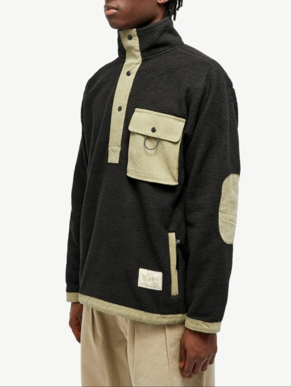 Manresa Dover Half Snap Fleece Coat in Black With Olive Trim. Mens Size Large